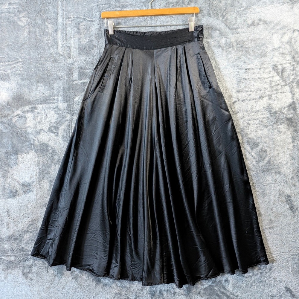 I.B. Diffusion Womens Silk Satin Maxi Skirt 10 Black Vintage 90s Pockets